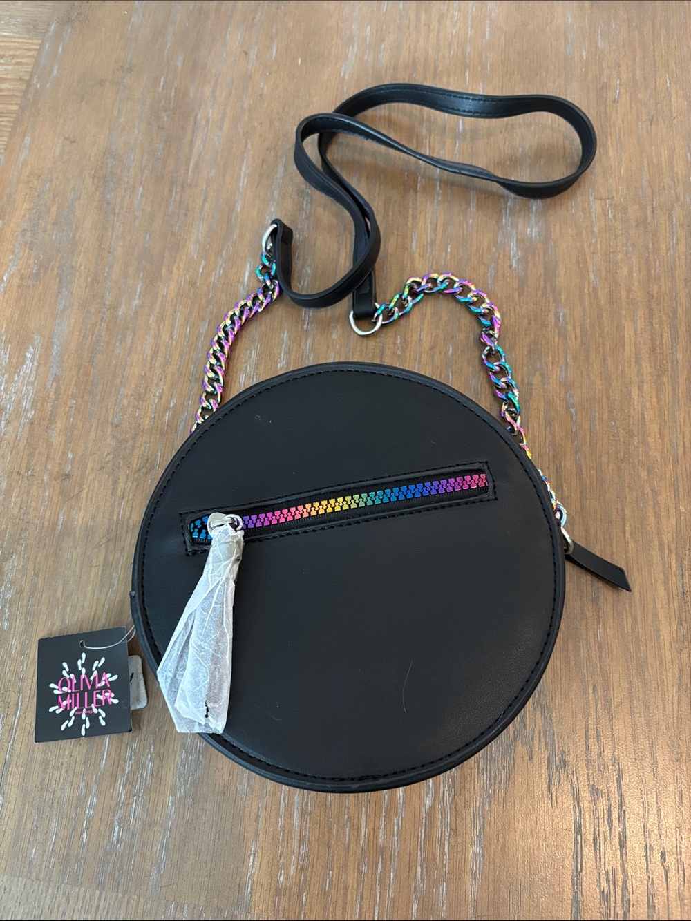 Olivia Miller Black Round Crossbody with Rainbow Chain